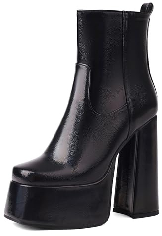 LarDorLin Mujer Warm Tacón Chunky Boda Lazos Botín Charol Fiesta Dancing Elegante Grande Fit Plataforma Botas Cortas Gamuza Cuero Negro Talla 36 EU