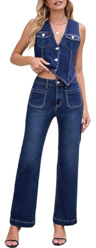 Wesafrae Conjunto de 2 Piezas de Mezclilla para Mujer, Chaleco Vaquero Sin Mangas con Botones, Camisa Y2k, Pantalones Vaqueros de Pierna, Pantalones Palazzo Traje XL