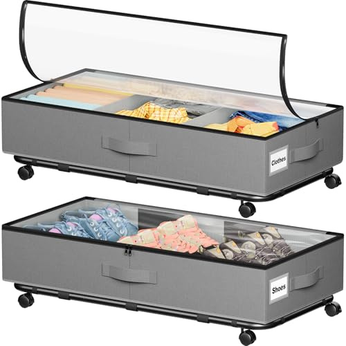 2 Pack Under Bed Storage on Wheels,Rolling Storage Drawers with Clear Lid | Metal frame support,Under bed storage for Clothes,Shoes, Blankets (78x42x13 CM, Dark Grey)
