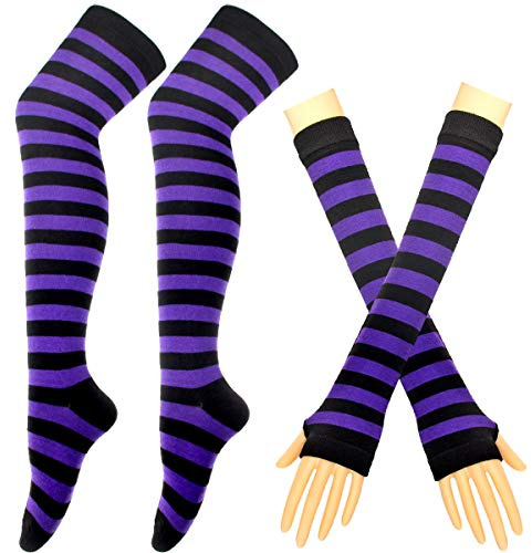 BundleMall Juego de 2 pares de guantes largos de punto a rayas hasta la rodilla, calcetines de rayas, leggings, accesorio de disfraz de fiesta, Negro Y Púrpura, talla única