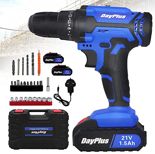 Cordless Drill Driver Kit, 21V Battery Drill Set, Electric Bolt Screwdriver, 2X Li-Ion Batteries, Fast Charger, 25+1 Clutch, 45N.m High Torque, 2 Speeds, Forward and Reverse Setting, LED Light