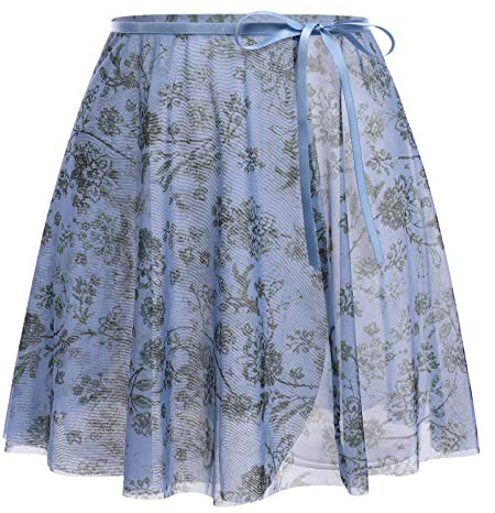 Damen M?dchen Ballettrock Wickelrock Blumenmuster Mesh Tanz Rock Verstellbare Taille Krawatten Gymnastik R?cke Prinzessin Minirock Tanzbekleidung Tanzr?cke Dancewear Party Kost?m Blau L-XL