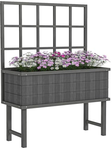 Outsunny Fioriera rialzata in legno con traliccio per piante rampicanti, aiuola rialzata da giardino con fori di drenaggio e fodera per aiuole, per verdure, fiori, erbe, 105 x 45 x 140 cm, grigio