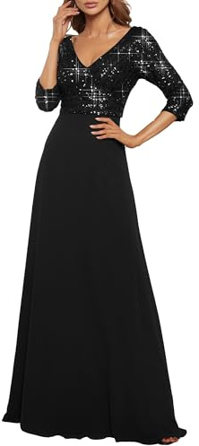 Ever-Pretty Abito da Cerimonia Elegante Manica 3/4 Scollo a V con Paillettes Linea A Chiffon Stile Impero Chiffion Abito da Sera Nero 52