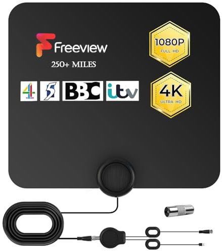 AXFEE HDTV Antenna, Zimmerantenne für Freeview-TV, Digitale TV Antenne mit Signalverstärker, Antenna Signal Booster für alle Herkömmlichen und HD Fernseher, unterstützt 4K 1080P HD VHF UHF, 12ft Kabel