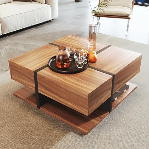 BTM Coffee Table, Square Coffee Table with 4 Drawers and Shelf Storage Space for Living Room, Brown, 78 * 78 * 45 cm
