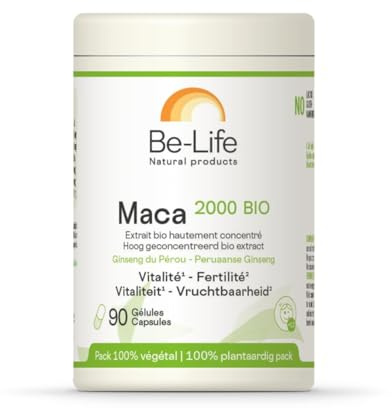 BE-LIFE | Maca 2000 Bio | Complément Alimentaire | Aide à la vitalité, soutient la fertilité | Concentrée en maca - riche en vitamines | 90 Gélules
