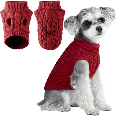 Voarge Stickad hundtröja, pullover för tröja, varm pullover, stickade ytterkläder, vinterkläder för hundar, storlek fransk bulldogg, chihuahua kappa tax kläder (röd, S)