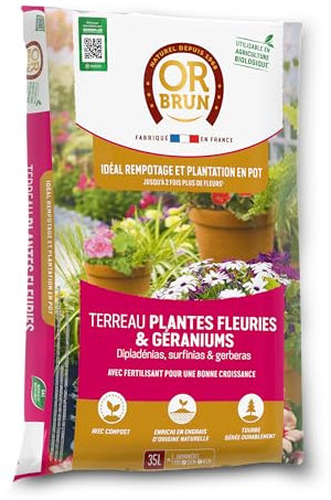 OR BRUN OBRTGER35N Terreau Plantes Fleuries & Géraniums - Fertilisant pour Améliorer La Croissance - 35L - Dipladénias Surfinias & Gerberas