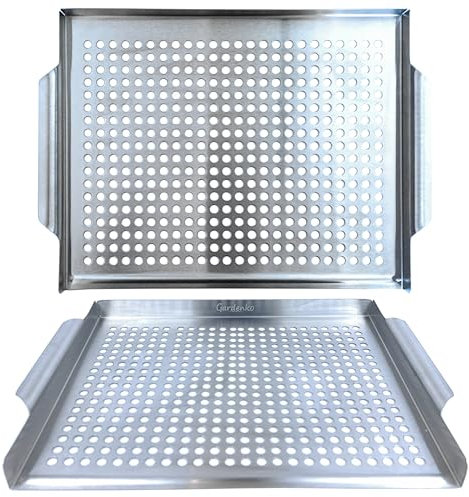 Gardenko Grillschale Edelstahl 40x29x2,5cm – Wiederverwendbare Grillpfanne für Gemüse, Fisch & Fleisch – BBQ-Grillplatte mit Griffen – Perforierter Grillkorb für Holzkohlegrill