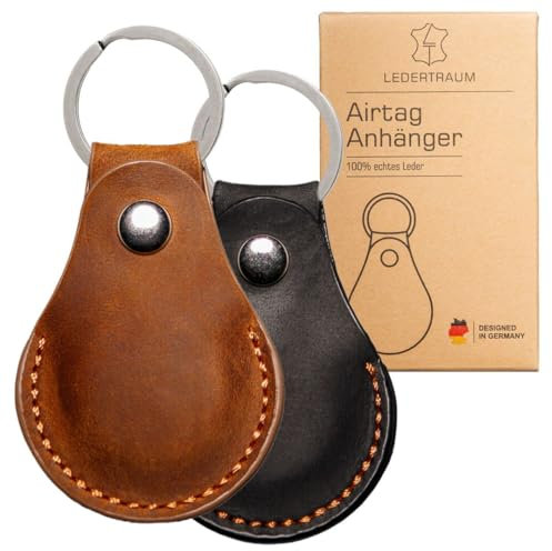2-Stück LEDERTRAUM Airtag Schlüsselanhänger ECHTES-Leder, Airtag Anhänger aus Leder, Apple Hülle (braun + schwarz)