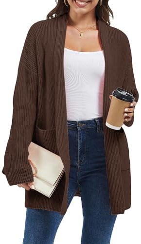 crazy bean Cárdigan Invierno Mujer Chaqueta Punto Largo Otoño Rebeca Manga Larga con Bolsillos Suéter Abierto Elegante Marrón L