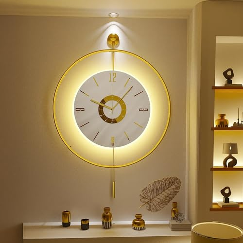 FAWdecor Grande orologio con quadrante scandinavo, orologio da parete a LED per soggiorno, orologio da parete a pendolo, cerchio in metallo dorato