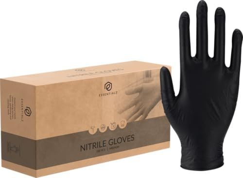 ABENA Essentialz Black Nitrile Disposable Gloves, Medium, Pack of 100, Latex-Free, Powder-Free, Food Safe, CE Certified, Extra Soft & Elastic for Cleaning, Cooking, Tattoo & Salon