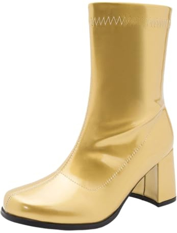 FASHIONISM Bottes mi-mollet pour femme Brevet Go Go – Rétro années 70 Talon bloc Fermeture éclair Bottines Bottines Brillantes Party Disco Fancy Dress Shoes
