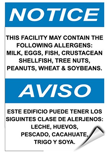 Notice Contain Following Allergens: Milk Eggs Fish Nuts SOYA Label Decal Sticker 5 inches x 7 inches