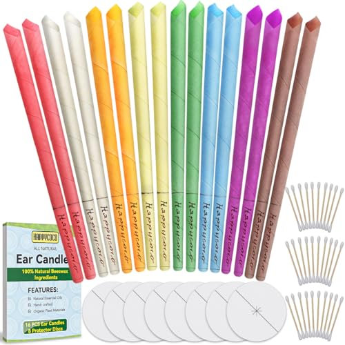 Ear Candles, Happycoco Hopi Ear Candles All Natural Beeswax Canding Cones Ear Wax Remover Candles 100% Non-Toxic Cylinders Fragrance Hollow Cone Candles with(8 Colours)+8 Protective Disks