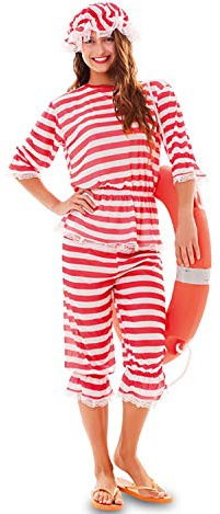 EUROCARNAVALES Traje de baño Retro a Rayas Rojas y Blancas, con Gorro de baño, Fiesta en la Playa, Divertido Traje de baño de Carnaval histórico (mujer-42)