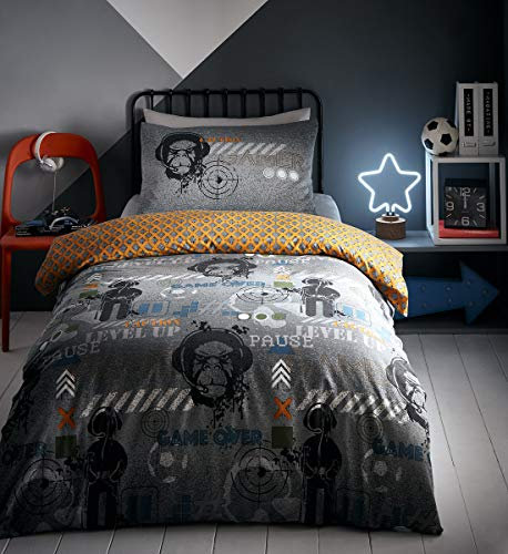 Portfolio Gamer Duvet Fully Reversible Glow in The Dark Quilt Cover Teenagers Kids Bedlinen Bedding Set, Cotton Blend, Grey, 2 pieces, Single