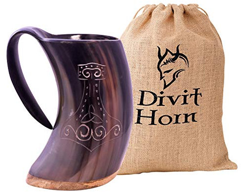 Divit Authentisches Wikingerhorn Bierkrug | Authentisches mittelalterliches Biertrinkhorn | Leinen-Geschenkbeutel inklusive | 700 ml (24 oz) Fassungsvermögen