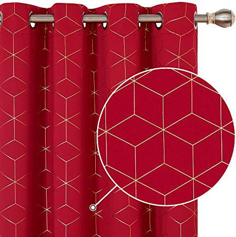 Deconovo Functional Blackout Eyelet Curtains, Gold Diamond Printed Thermal Insulated Curtains for Christmas Kitchen, 52 x 45 Inch(Width x Length), Red, One Pair