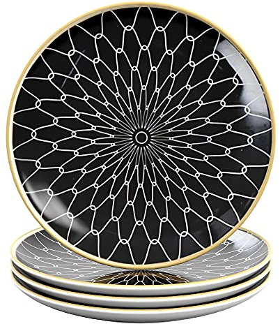 INTIRILIFE 4x Plato de porcelana en Conectado - Negro y Blanco - Diámetro 20.5 cm - Plato de desayuno, plato de postre, plato de servir para ensalada, fruta, pasta, postre, plato principal y snacks