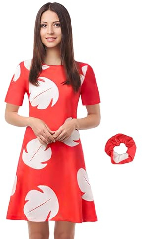 Funhoo Rouge Robe de Princesse Hawaïenne Impression Feuille Motif Lilo Costume Cosplay pour Filles Femmes Robe à Manches Courtes Été Fête Tenue Décontractée (Adulte, XXL)