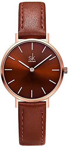 SK Ultradünne Minialistische Damenuhren Einfache Zwei Zeiger Damen Kleid Uhr Lederband, Coffee
