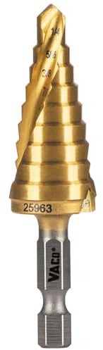 Klein Tools 25963 Step Drill Bit, 1/4 to 3/4-Inch, Spiral Double-Fluted, Cuts Thin Metal, Plastic, Aluminum, Wood, 1/4-Inch Hex Shank, VACO