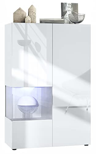 Vladon display cabinet Morena V2, floor-standing showcase with 2 doors and glass insert, carcass white matt, fronts white high gloss, Cube concrete grey oxide incl. white LED lighting