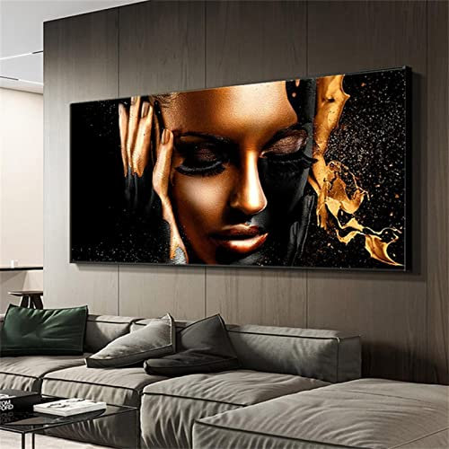 Zhaoyang Art Moderne schwarze Frauen Gesicht goldene Flüssigkeit Leinwand Gemälde abstrakte Frau schwarz gerahmte Bilder für Wohnzimmer Dekoration 90 x 185 cm/35 x 73 Zoll mit schwarzem Rahmen