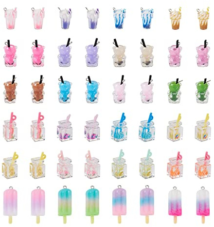 Spritewelry Lot de 48 mini pendentifs en forme de bouteille de thé au lait - 24 styles - En résine - Pour la création bijoux, boucles d'oreilles, colliers, porte-clés