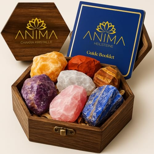ANIMA Coffret 7 Chakras en Pierres Précieuses pour Équilibre Énergétique – Cristaux Naturels Bruts : Améthyste, Quartz Rose, Citrine, Lapis-Lazuli, Quartz Clair, Œil de Tigre – Boîte Cadeau en Bois