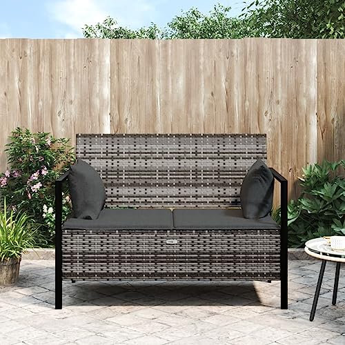 Homgoday Gartenbank 2-Sitzer mit Kissen Truhenbank mit Stauraum Sitzbank Parkbank Gartenbank Truhenbank Gartensofa Terrassenbank für Garten, Balkon und Terrasse Grau Poly Rattan