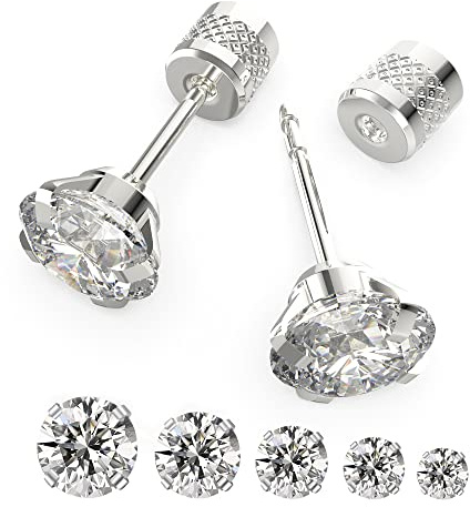 5 pairs Push-in Flat Back Stud Earrings Hypoallergenic Surgical Stainless Steel Cubic Zirconia Earrings Studs Set Multi-Pack, CZ Stud Earrings for Women Men Trendy Cartilage Earrings 4-8mm(B-Silver)