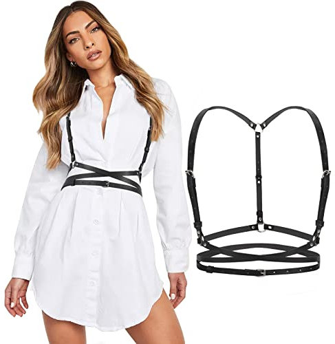 WERFORU Damen Punk Taillengürtel PU Leder Gothic Weste Gürtel Verstellbare Körperkette Gürtel für Karneval Kostüm Schwarz