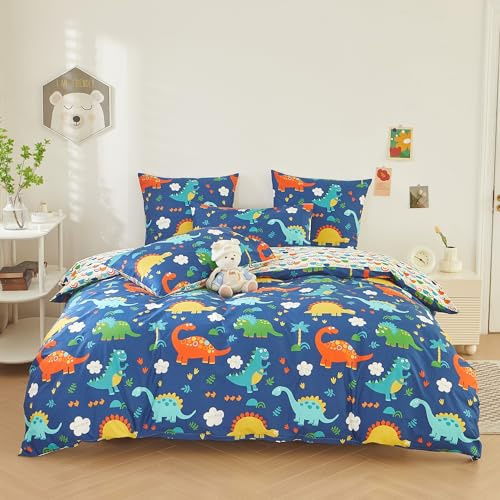 DXHOME Ropa de cama infantil de algodón de 135 x 200 cm, diseño de dinosaurios, azul oscuro y blanco, dibujos animados, con diseño de dinosaurios, funda de edredón individual con cremallera + 1 funda