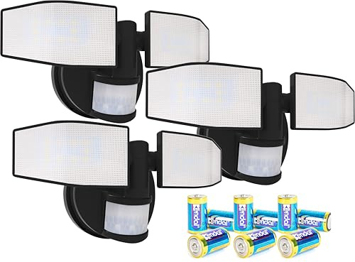 Northpoint Batterie LED Strahler mit Bewegungsmelder Fluter verstellbar Schwenkbar 400 Lumen Spritzwassergeschützt 5000K kaltweiß (Schwarz 3er-Set)