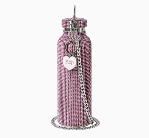 Paris Hilton – pinke Glitzer-Trinkflasche, 750ml mit Edelstahlkörper und Strasssteinen – Wasserflasche mit Metallanhänger und abnehmbarer Tragekette, Pink