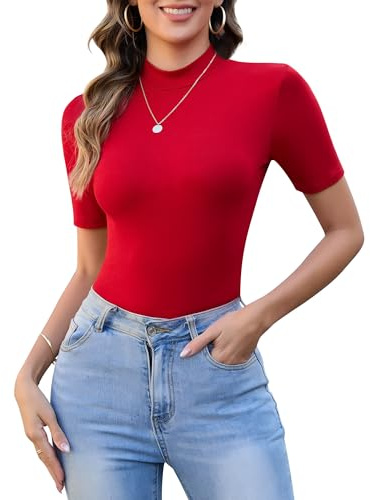 SHAPERIN Femme Haut à Col Roulé T-Shirt Manches Courtes Chemise Décontractée avec Col Montant Tops Coupe Ajustée Slim Fit Tee Top Rouge L