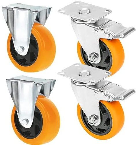 Paluplus 4 Ruote per carrelli e mobili (2 con Piastra Fissa), Diam. 100 mm, 2 Ruote con Freno Sicurezza e Girevoli, Rotelline ARANCIONI Antigraffi per tutte le superfici -436/439M (Portata 400kg)