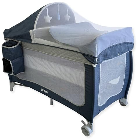 Priori Baby Zus Cuna de Viaje Plegable 4 en 1 para Bebé - con Cambiador, Mosquitera, Juguetes, Ruedas con Freno, Bolsa Transporte, 0-3 Años hasta 15 kg (Gris)