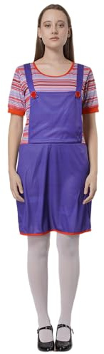 Disfraz Muñeca Malvada Mujer Halloween Vestido Falso Peto con Camiseta Rayas Disfraz Terror para Carnaval Adulto Traje Asesina Retro Payasa (Vestido muñeca adulta, L)