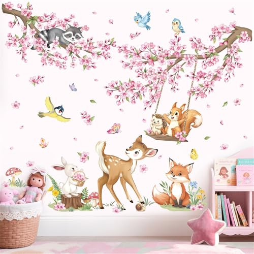 decalmile Adesivi Murali Animali del Bosco Ramo Albero Rosa Adesivi da Parete Fiori di Ciliegio Rosa Foresta Decorazione Murale Camere Ragazze Bambini Asilo Nido