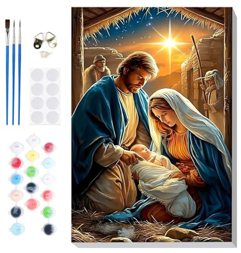 Lxmsja Pintura por números, belén para adultos principiantes con marco, pintura navideña por números en lienzo, kit de pintura acrílica para manualidades para decoración de pared del hogar, 8 x 12