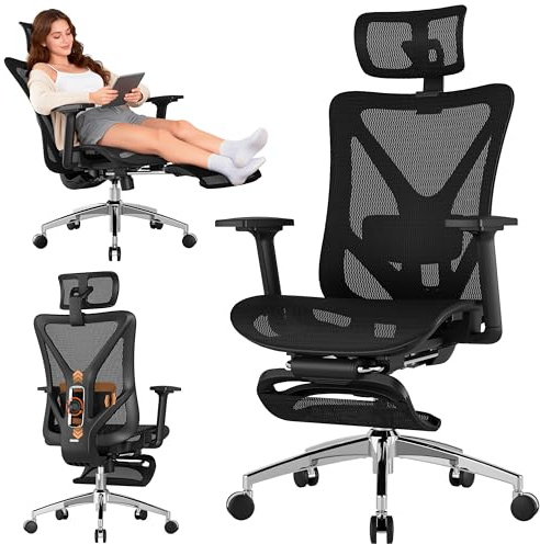 Ergonomic Office Chair with Footrest, High Back Mesh Desk Chair with Adjustable Lumbar Support, 3D Arm, 3D Headrest, 135° Recline, Comfy Heavy Duty Computer Gaming Executive Work Chair for Home Office