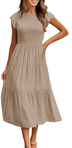 Yuson Girl Vestido Mujer Vestido Largo Verano Mujer Manga Volante Cuello Redondo Elegante hasta la Rodilla Vestidos de Playa Elástico Vestidos Largos Casual Sólida Vestido Verano