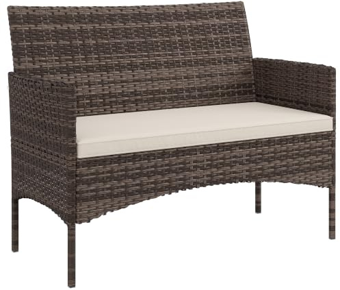Outsunny Divano da Giardino in Rattan 2 Posti Divanetto da Esterno Beige | PE Wicker, Cuscini e Tappetini Antiscivolo, Struttura in Acciaio, Balcone Veranda Giardino