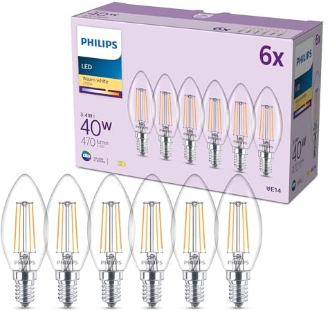 Philips Lampadina LED, Confezione da 6, B35, E14, 470 Lumen, 40 W, Design Oliva, Maggiore Durata, Luce Bianca Calda 2.700 K, Lampada Trasparente