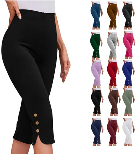 2026 Leggins Deportivos Mujer, Leggings Capri para Mujer Cintura Alta Leggings 3/4 Elásticos Pantalones con Botónes Slim Fit de Color Sólido Verano Leggins Yoga Fitness